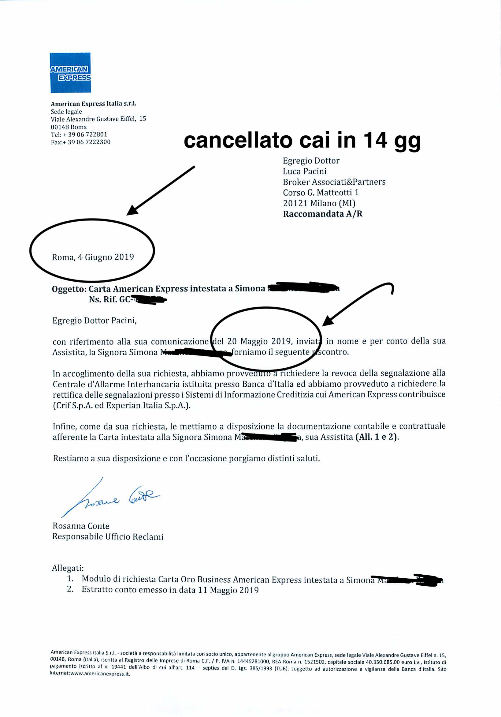 cancellazione iscrizione cai carta di credito american express